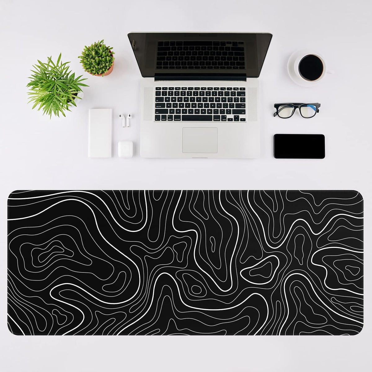 Gaming Mouse Pad, Black with White Topographic Line, 31.5x11.8in