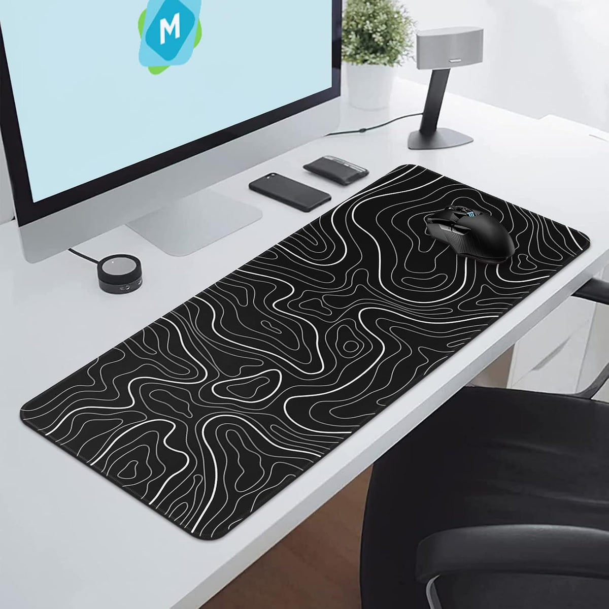 Gaming Mouse Pad, Black with White Topographic Line, 31.5x11.8in