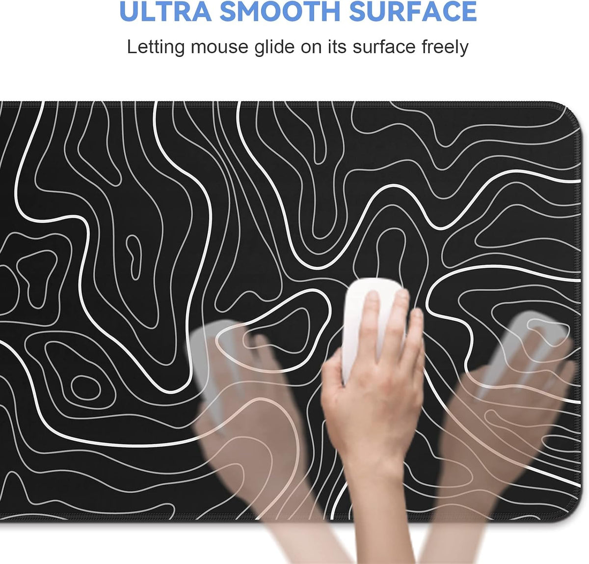 Gaming Mouse Pad, Black with White Topographic Line, 31.5x11.8in