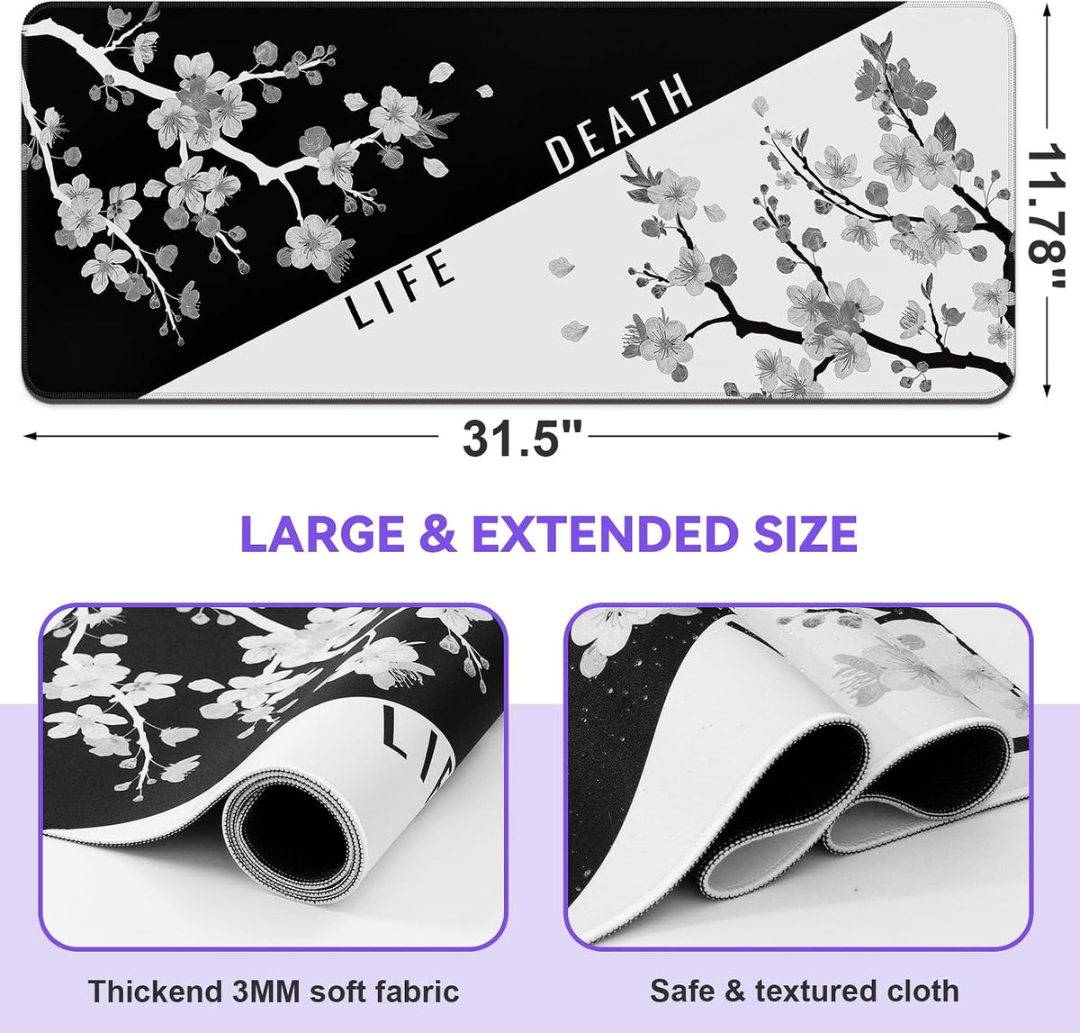 Gaming Mouse Pad, Black with White Topographic Line, 31.5x11.8in