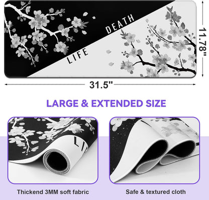 Gaming Mouse Pad, Black with White Topographic Line, 31.5x11.8in