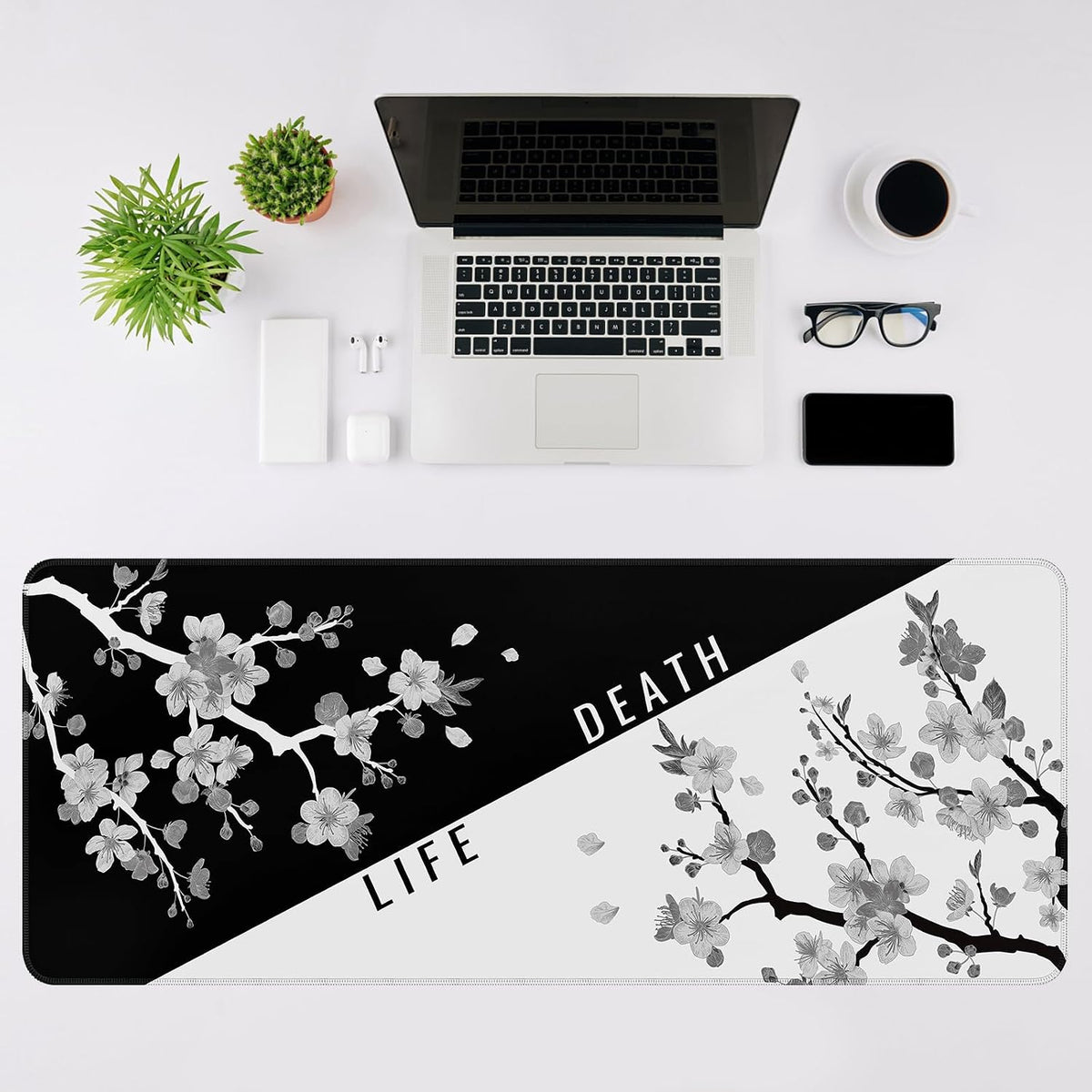 Gaming Mouse Pad, Black with White Topographic Line, 31.5x11.8in