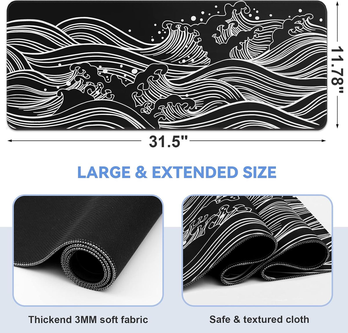 Gaming Mouse Pad, Black with White Topographic Line, 31.5x11.8in