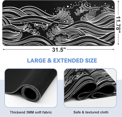 Gaming Mouse Pad, Black with White Topographic Line, 31.5x11.8in