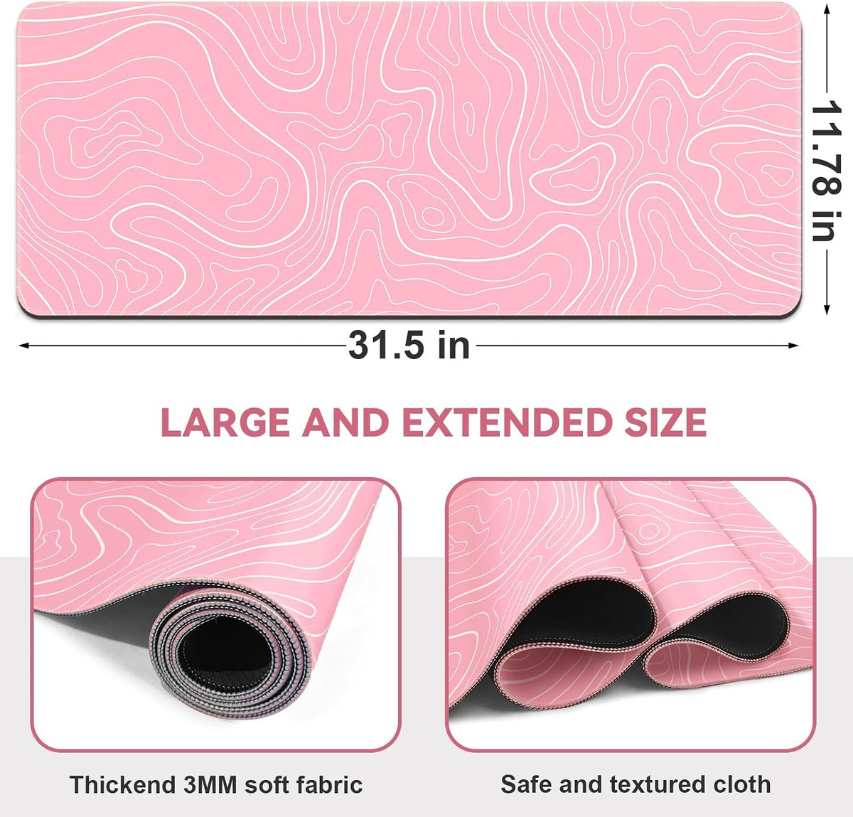 Gaming Mouse Pad, Black with White Topographic Line, 31.5x11.8in