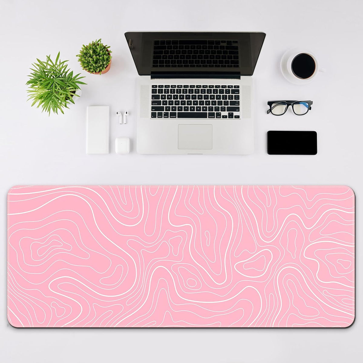 Gaming Mouse Pad, Black with White Topographic Line, 31.5x11.8in
