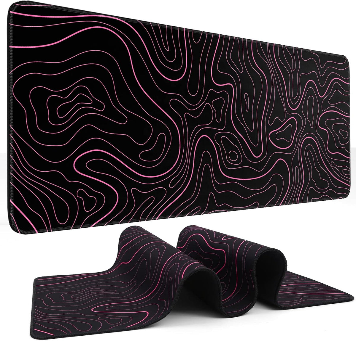Gaming Mouse Pad, Black with White Topographic Line, 31.5x11.8in