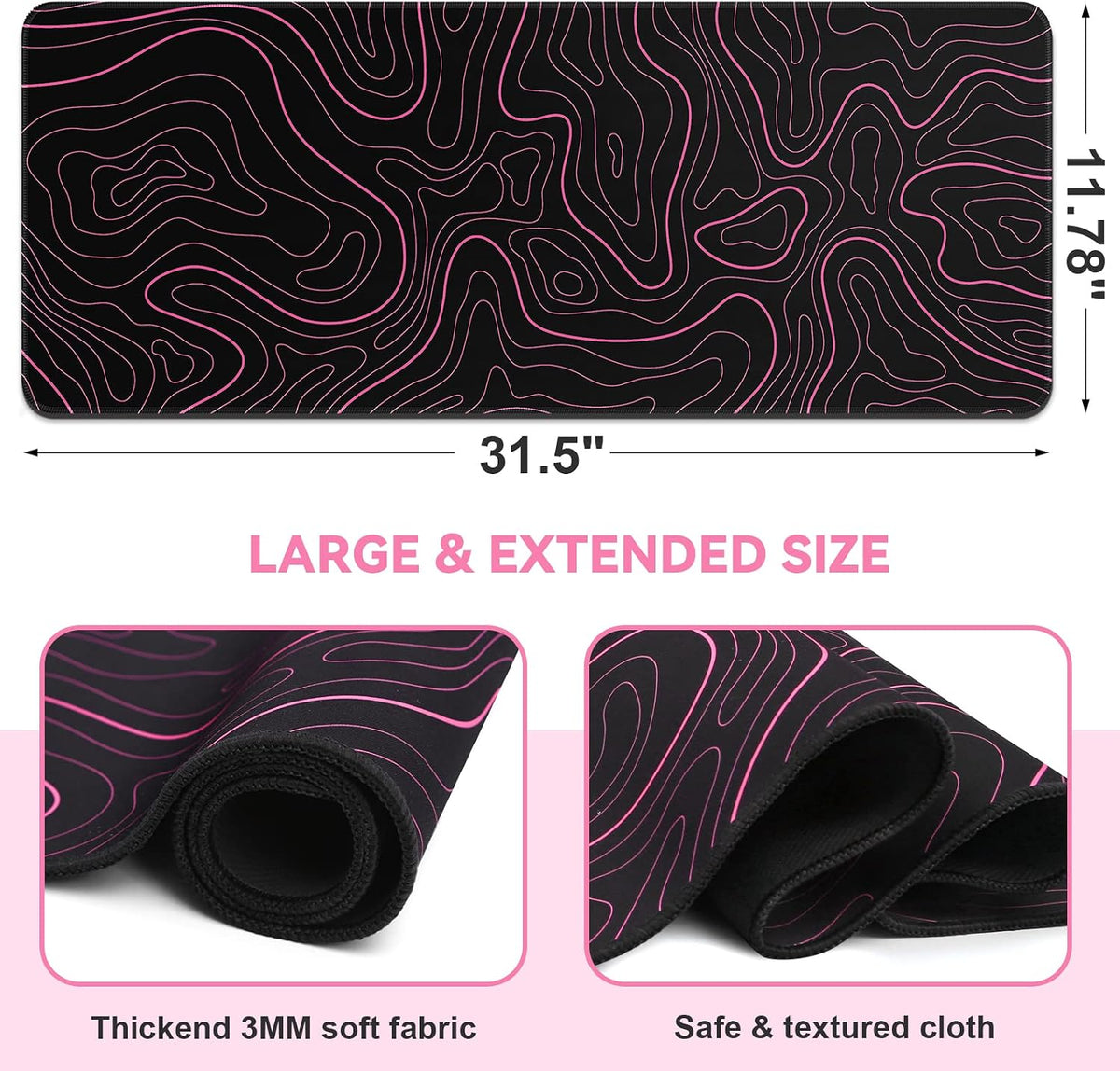 Gaming Mouse Pad, Black with White Topographic Line, 31.5x11.8in