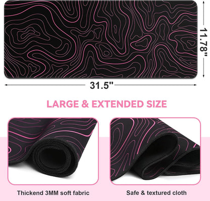 Gaming Mouse Pad, Black with White Topographic Line, 31.5x11.8in