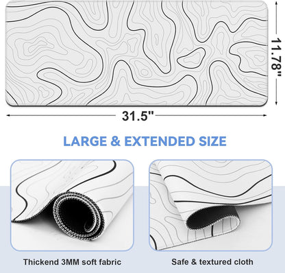 Gaming Mouse Pad, Black with White Topographic Line, 31.5x11.8in