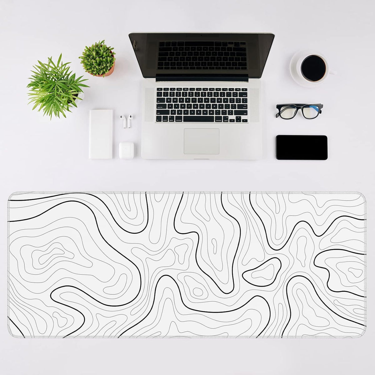 Gaming Mouse Pad, Black with White Topographic Line, 31.5x11.8in