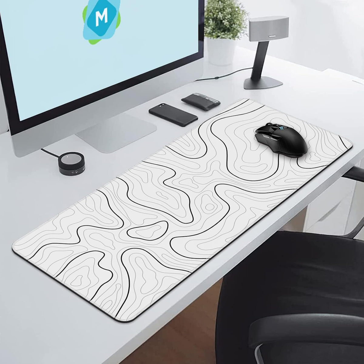 Gaming Mouse Pad, Black with White Topographic Line, 31.5x11.8in