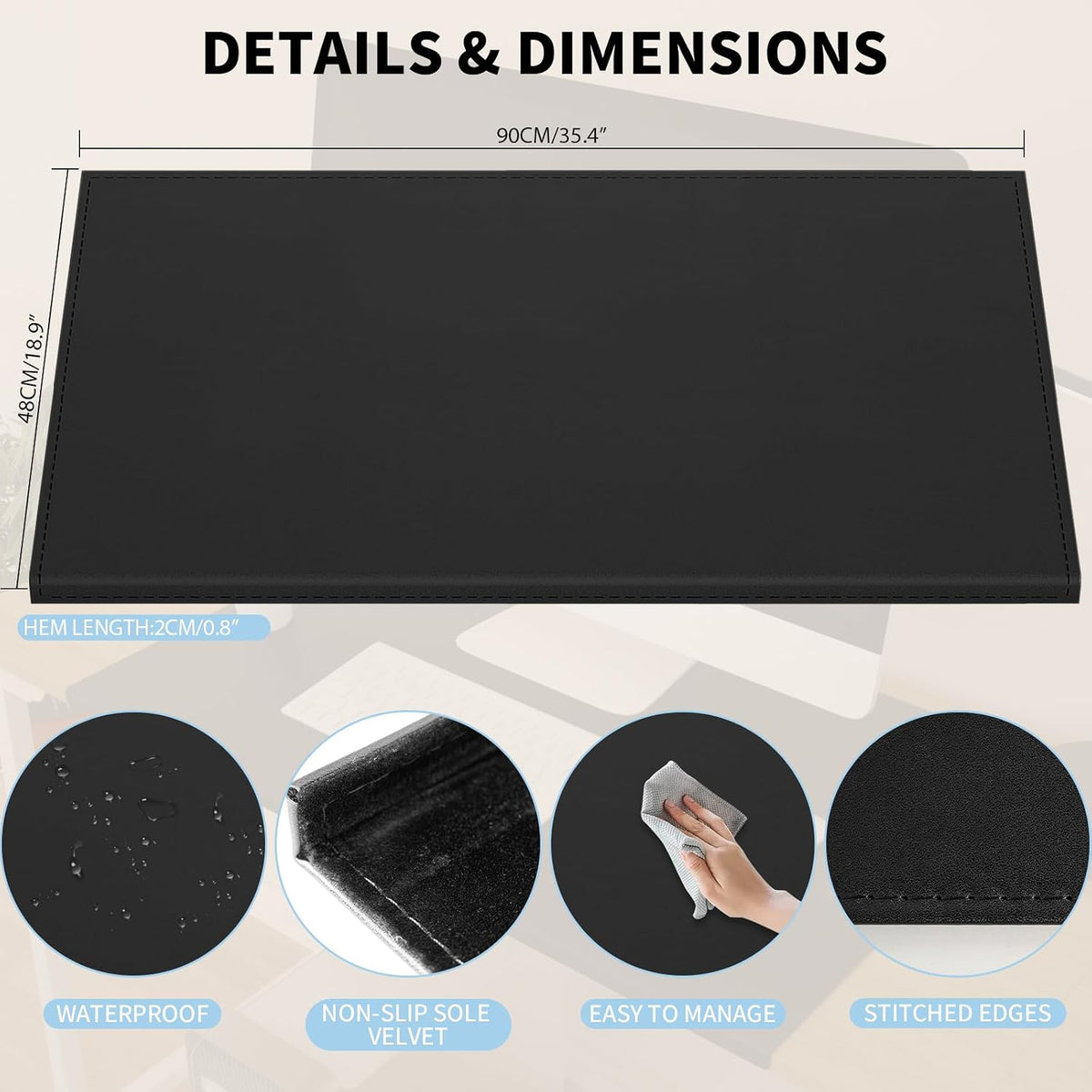 35.4"x 18.9" Soft PU Leather Surface Office Desk Mouse Mat Anti-Push Pad with Full Grip Fixation Lip Table Blotter Edge-Locked Protector