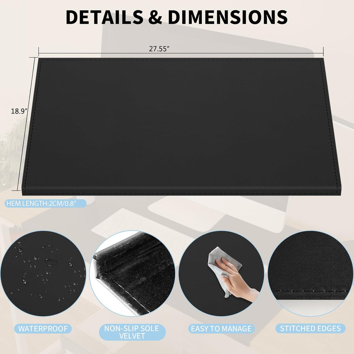 35.4"x 18.9" Soft PU Leather Surface Office Desk Mouse Mat Anti-Push Pad with Full Grip Fixation Lip Table Blotter Edge-Locked Protector