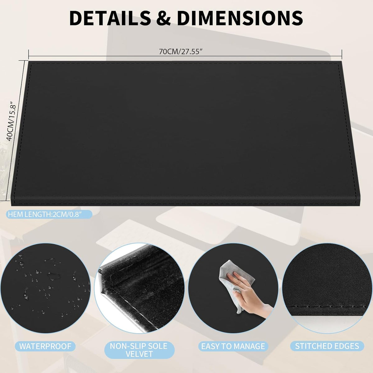 35.4"x 18.9" Soft PU Leather Surface Office Desk Mouse Mat Anti-Push Pad with Full Grip Fixation Lip Table Blotter Edge-Locked Protector