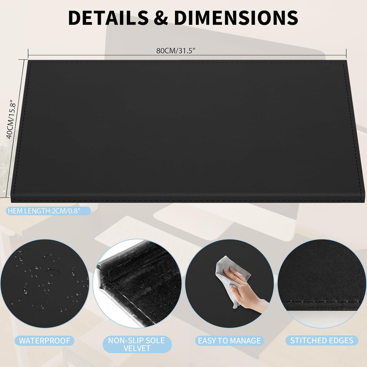 35.4"x 18.9" Soft PU Leather Surface Office Desk Mouse Mat Anti-Push Pad with Full Grip Fixation Lip Table Blotter Edge-Locked Protector