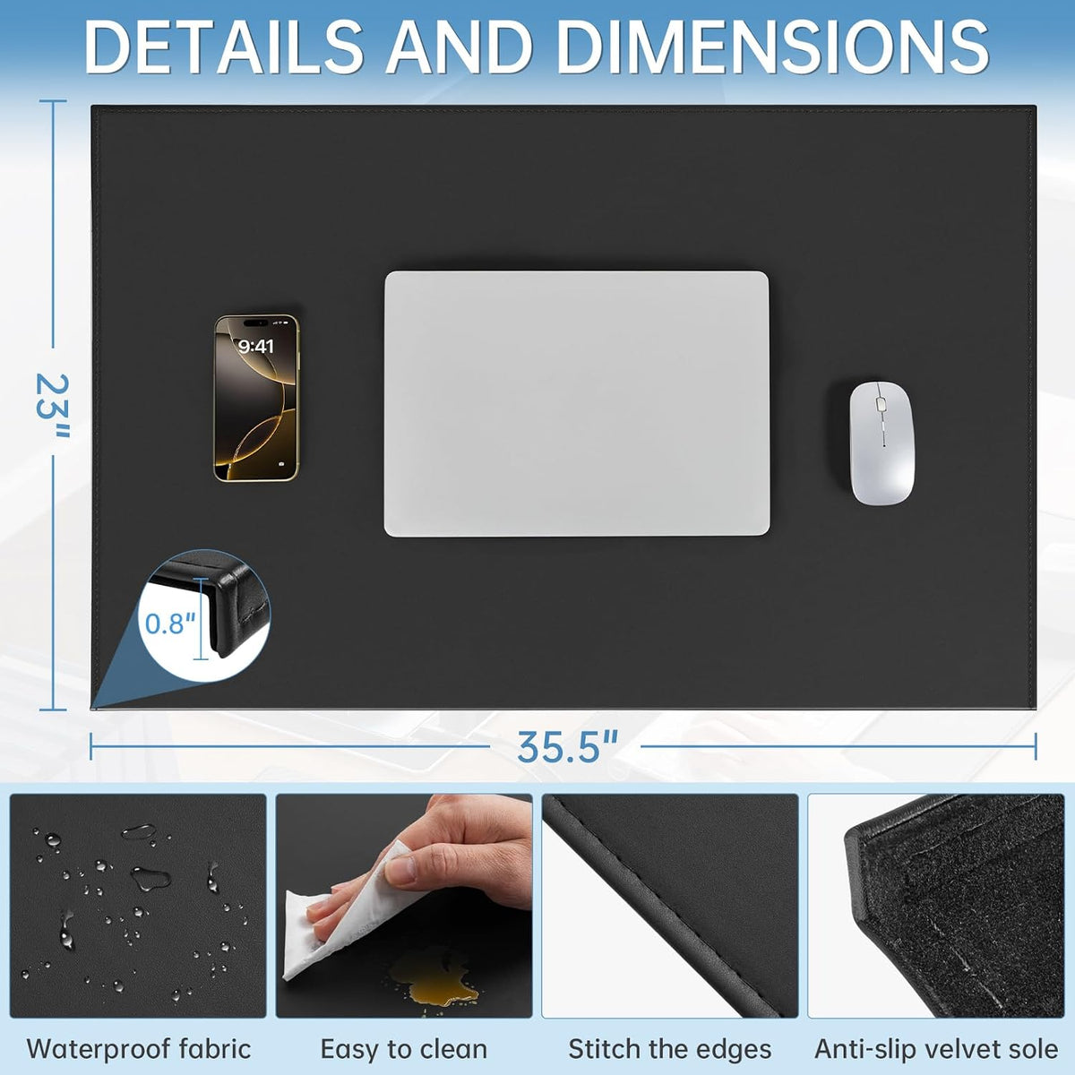 35.4"x 18.9" Soft PU Leather Surface Office Desk Mouse Mat Anti-Push Pad with Full Grip Fixation Lip Table Blotter Edge-Locked Protector