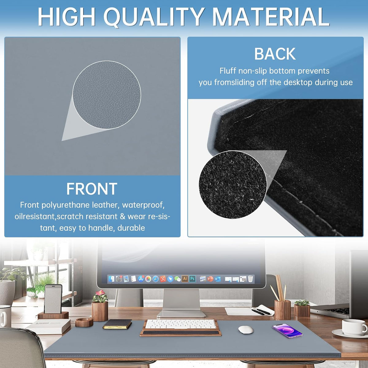 35.4"x 18.9" Soft PU Leather Surface Office Desk Mouse Mat Anti-Push Pad with Full Grip Fixation Lip Table Blotter Edge-Locked Protector