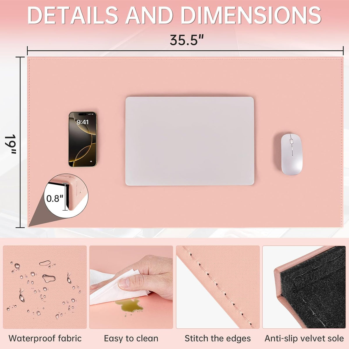 35.4"x 18.9" Soft PU Leather Surface Office Desk Mouse Mat Anti-Push Pad with Full Grip Fixation Lip Table Blotter Edge-Locked Protector
