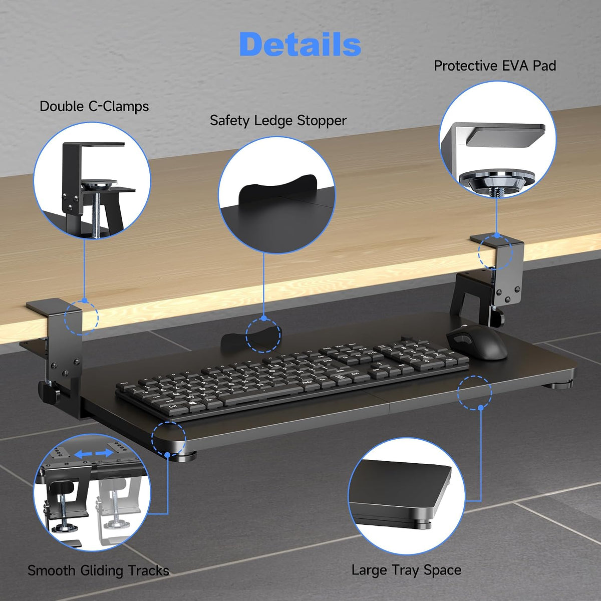 Keyboard Tray Under Desk Large C-Clamp 25.6” (30” Including Clamps) x 11.8” Slide-Out Platform Computer Drawer Pull Out Keyboard & Mouse Tray Black DSF4