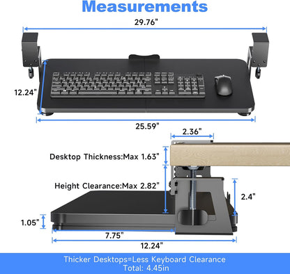 Keyboard Tray Under Desk Large C-Clamp 25.6” (30” Including Clamps) x 11.8” Slide-Out Platform Computer Drawer Pull Out Keyboard & Mouse Tray Black DSF4