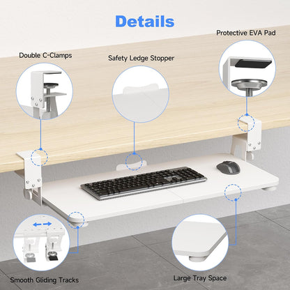 Keyboard Tray Under Desk Large C-Clamp 25.6” (30” Including Clamps) x 11.8” Slide-Out Platform Computer Drawer Pull Out Keyboard & Mouse Tray Black DSF4