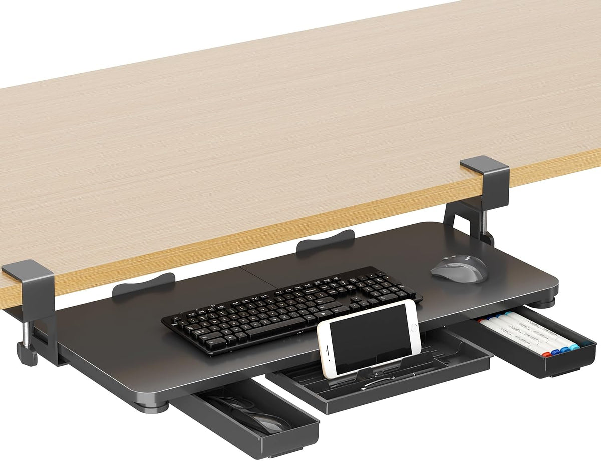 Keyboard Tray Under Desk Large C-Clamp 25.6” (30” Including Clamps) x 11.8” Slide-Out Platform Computer Drawer Pull Out Keyboard & Mouse Tray Black DSF4