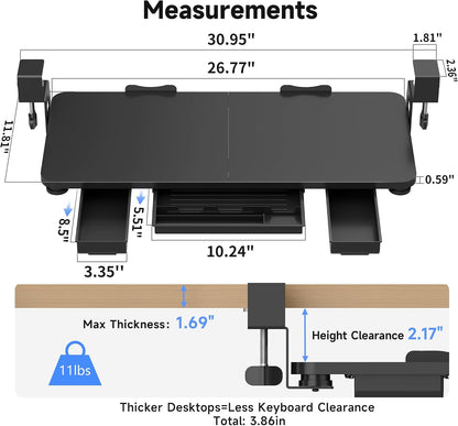 Keyboard Tray Under Desk Large C-Clamp 25.6” (30” Including Clamps) x 11.8” Slide-Out Platform Computer Drawer Pull Out Keyboard & Mouse Tray Black DSF4