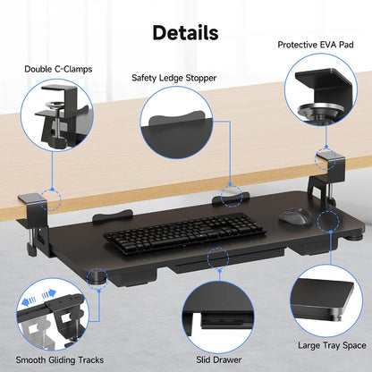 Keyboard Tray Under Desk Large C-Clamp 25.6” (30” Including Clamps) x 11.8” Slide-Out Platform Computer Drawer Pull Out Keyboard & Mouse Tray Black DSF4