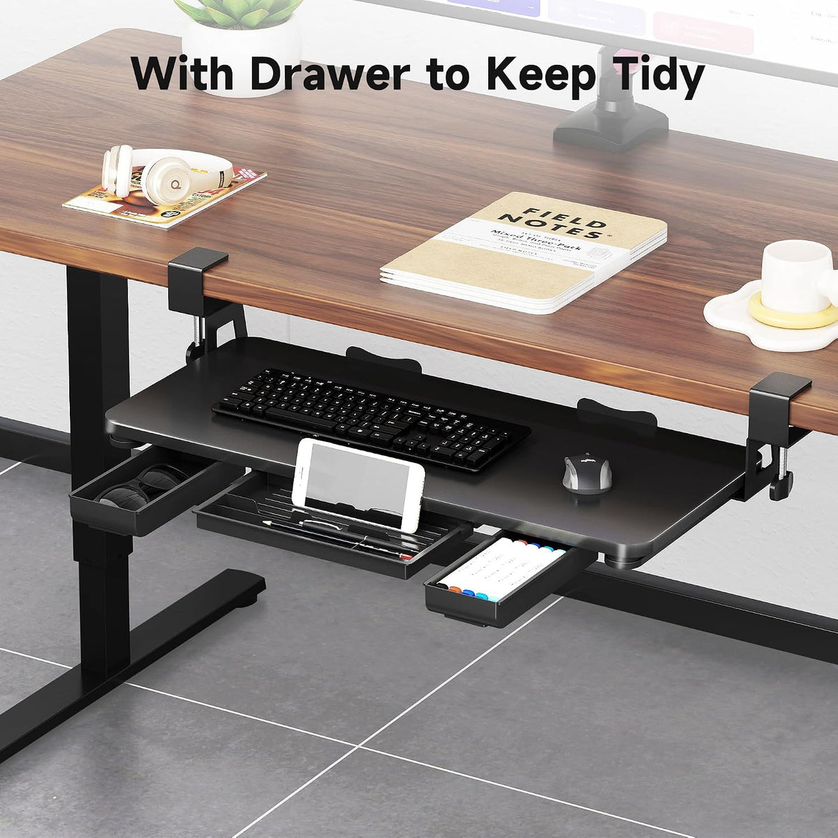 Keyboard Tray Under Desk Large C-Clamp 25.6” (30” Including Clamps) x 11.8” Slide-Out Platform Computer Drawer Pull Out Keyboard & Mouse Tray Black DSF4