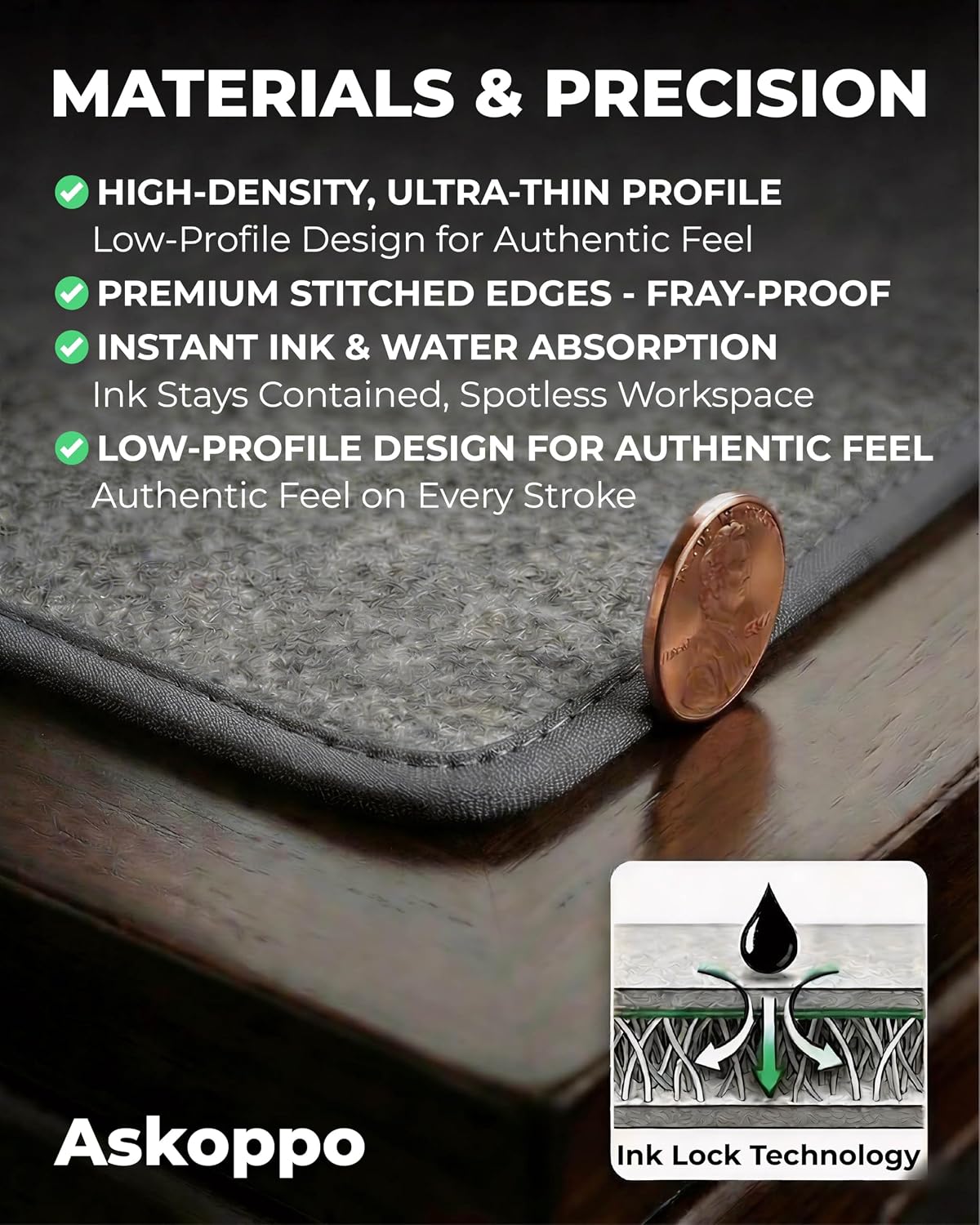Premium Calligraphy Felt Mat (19.7" x 27.5") with Stitched Edges, Zero-Crease Roll Up Desk Pad & Blotter with Telescopic Matte Gold Tube, Ink Absorption for Sumi-e & Watercolor, Grey