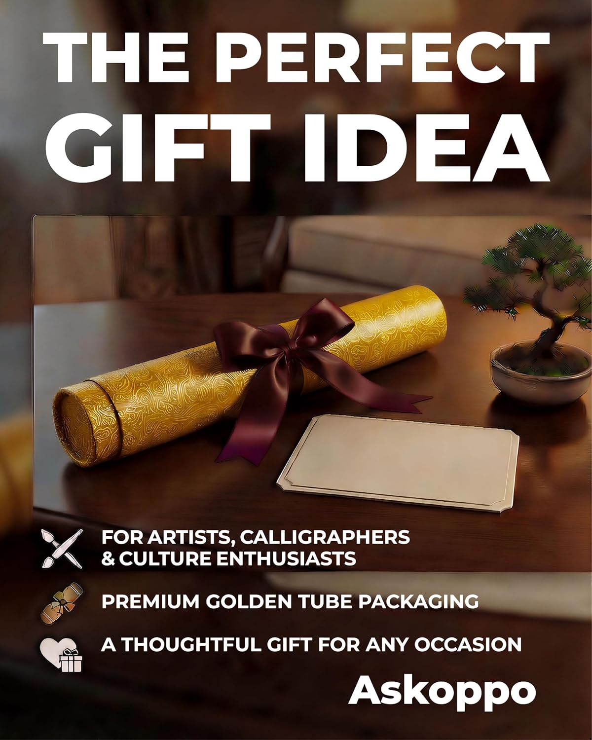 Premium Calligraphy Felt Mat (19.7" x 27.5") with Stitched Edges, Zero-Crease Roll Up Desk Pad & Blotter with Telescopic Matte Gold Tube, Ink Absorption for Sumi-e & Watercolor, Grey
