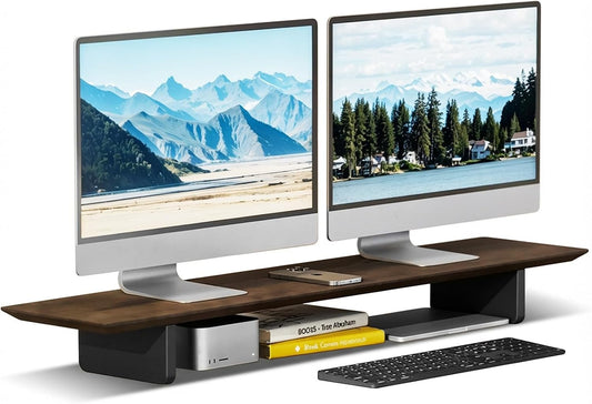 Solid Wood Dual Monitor Stand Riser, 43 Inch Rubberwood Desk Shelf for Top of Desk, Wood Monitor Stand for Desk 2 Monitors up to 27", Desktop Organizer for Laptop, TV, Printer
