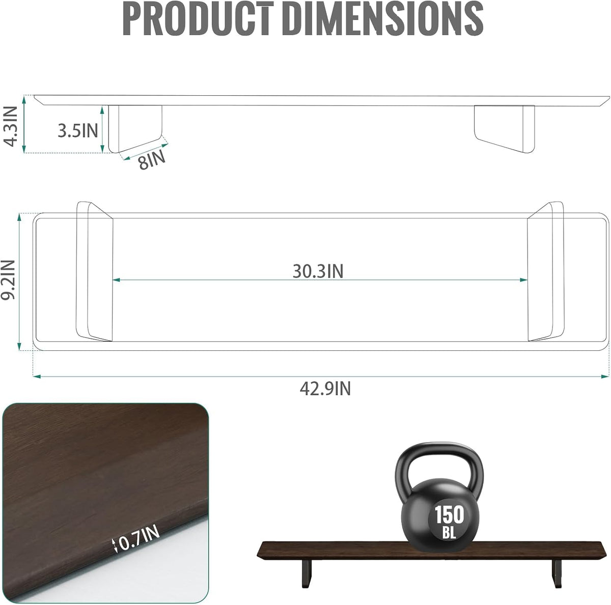 Solid Wood Dual Monitor Stand Riser, 43 Inch Rubberwood Desk Shelf for Top of Desk, Wood Monitor Stand for Desk 2 Monitors up to 27", Desktop Organizer for Laptop, TV, Printer