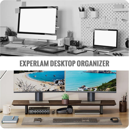 Solid Wood Dual Monitor Stand Riser, 43 Inch Rubberwood Desk Shelf for Top of Desk, Wood Monitor Stand for Desk 2 Monitors up to 27", Desktop Organizer for Laptop, TV, Printer