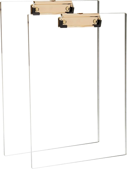 Clear Acrylic Clipboard with Gold Clip, Set 2-Pieces, Fits 9x12 inch - Letter Size Standard, Office, School and Home Supply