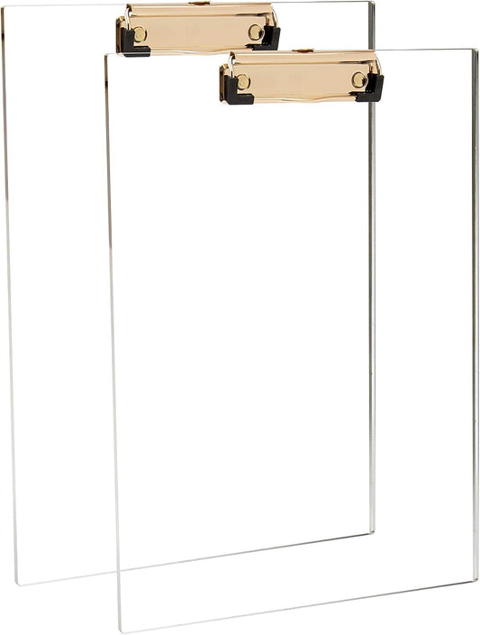 Clear Acrylic Clipboard with Gold Clip, Set 2-Pieces, Fits 9x12 inch - Letter Size Standard, Office, School and Home Supply