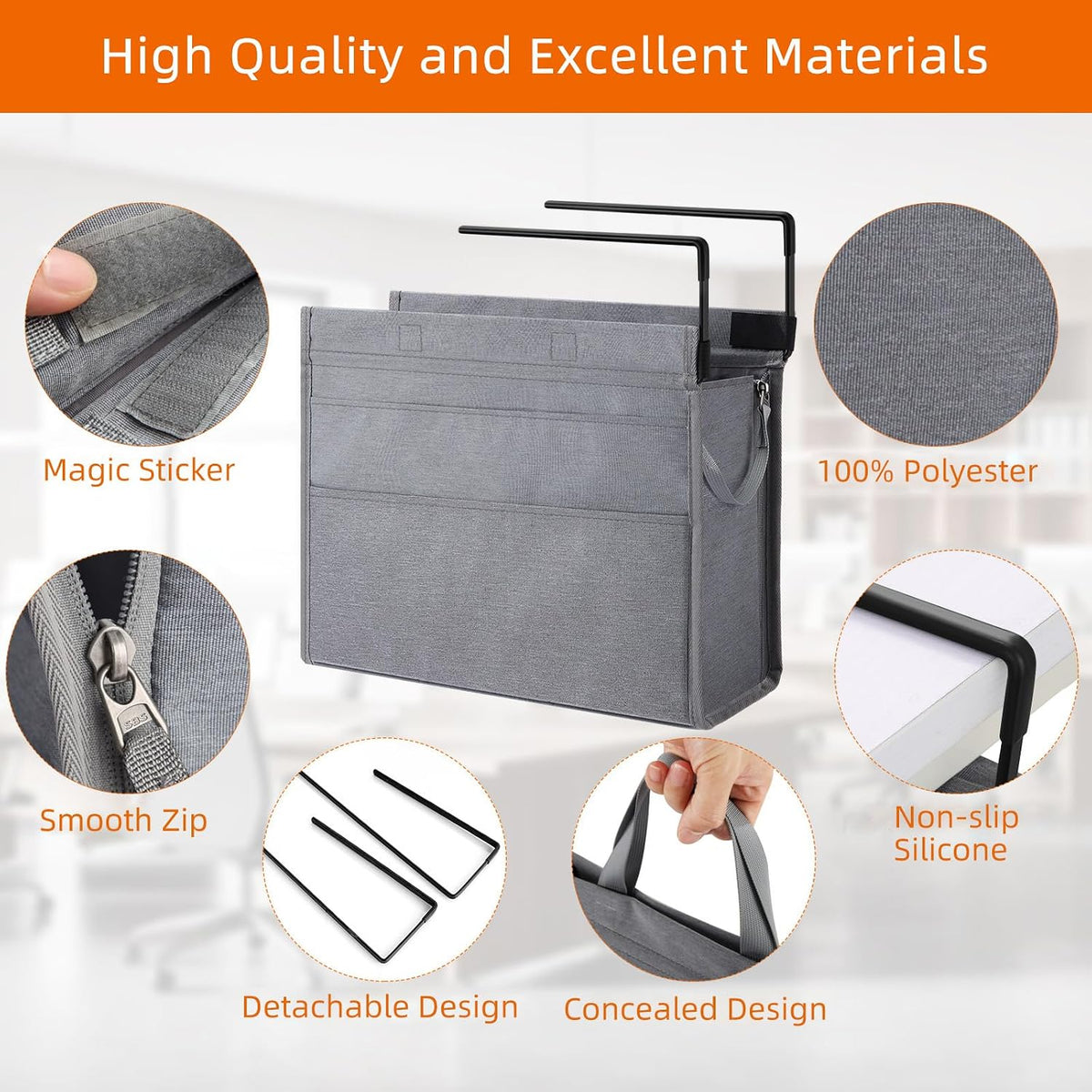 Under Desk Hanging Storage Bag, Desk Organizer Storage, Office Side Storage Bag, Compatible with A4 Files, Detachable Handle Design, No Assembly Required, For Office Home School (Grey)