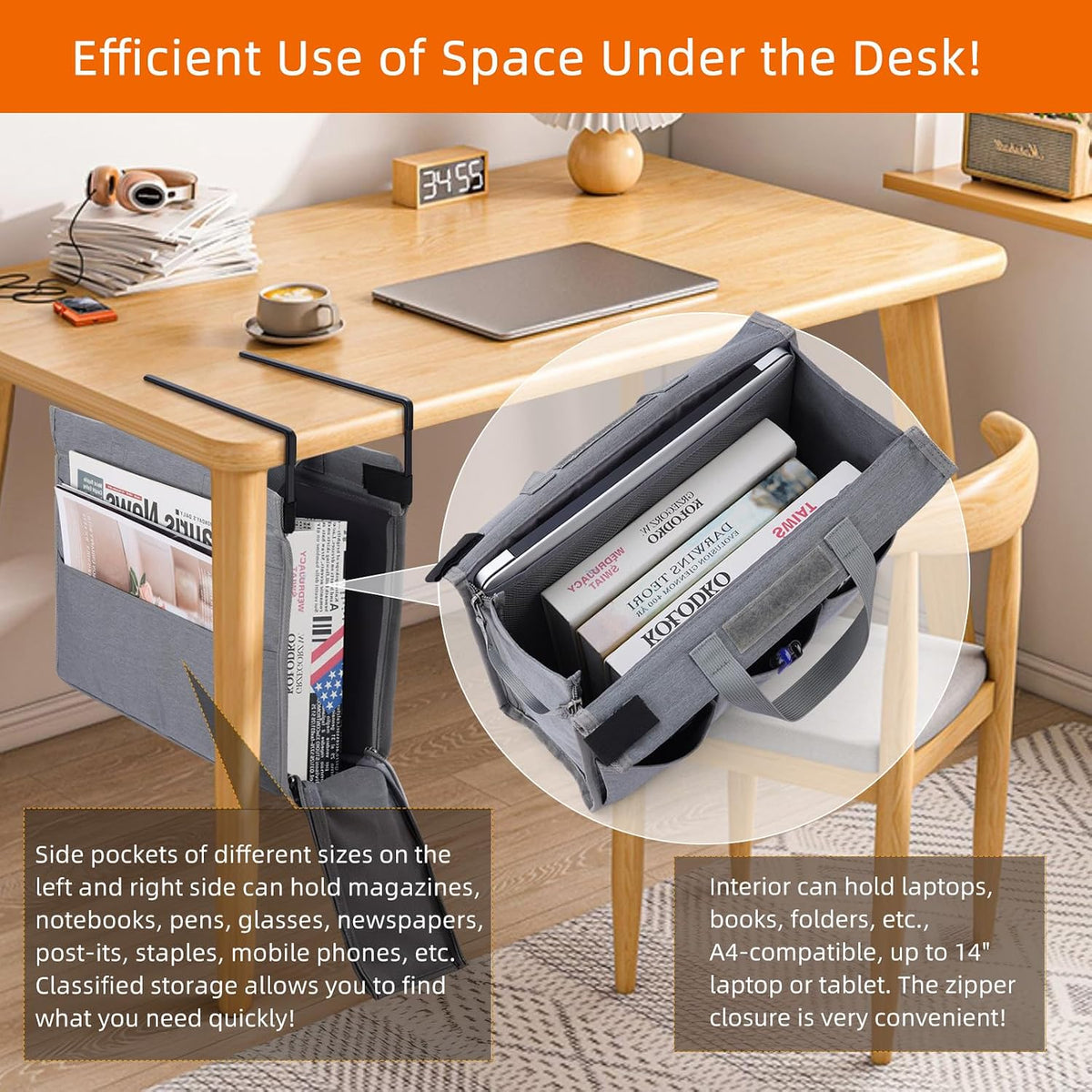 Under Desk Hanging Storage Bag, Desk Organizer Storage, Office Side Storage Bag, Compatible with A4 Files, Detachable Handle Design, No Assembly Required, For Office Home School (Grey)