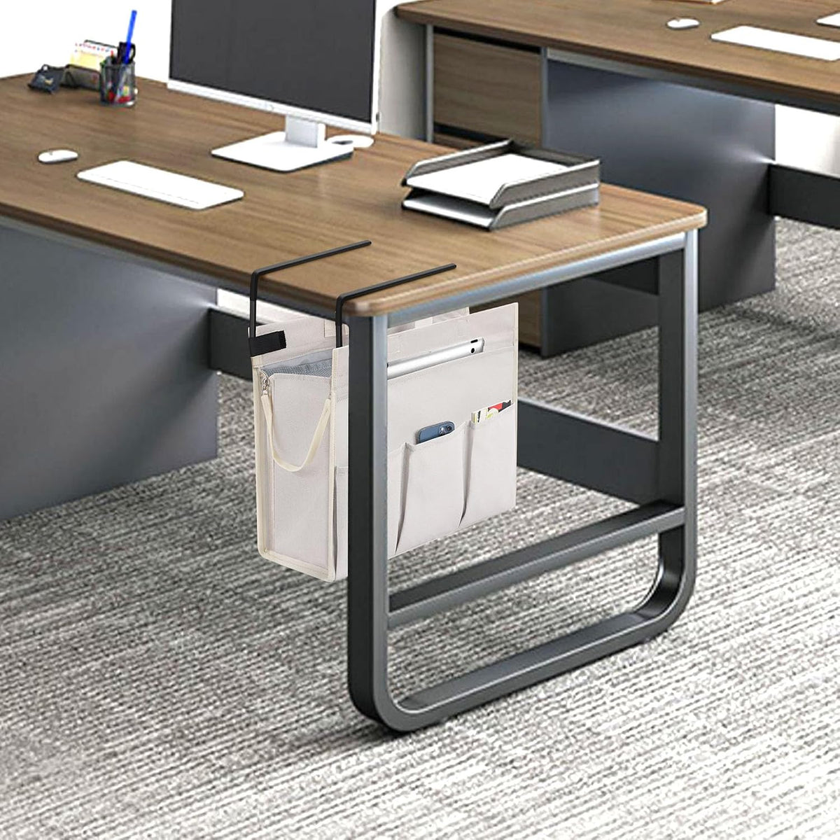 Under Desk Hanging Storage Bag, Desk Organizer Storage, Office Side Storage Bag, Compatible with A4 Files, Detachable Handle Design, No Assembly Required, For Office Home School (Grey)