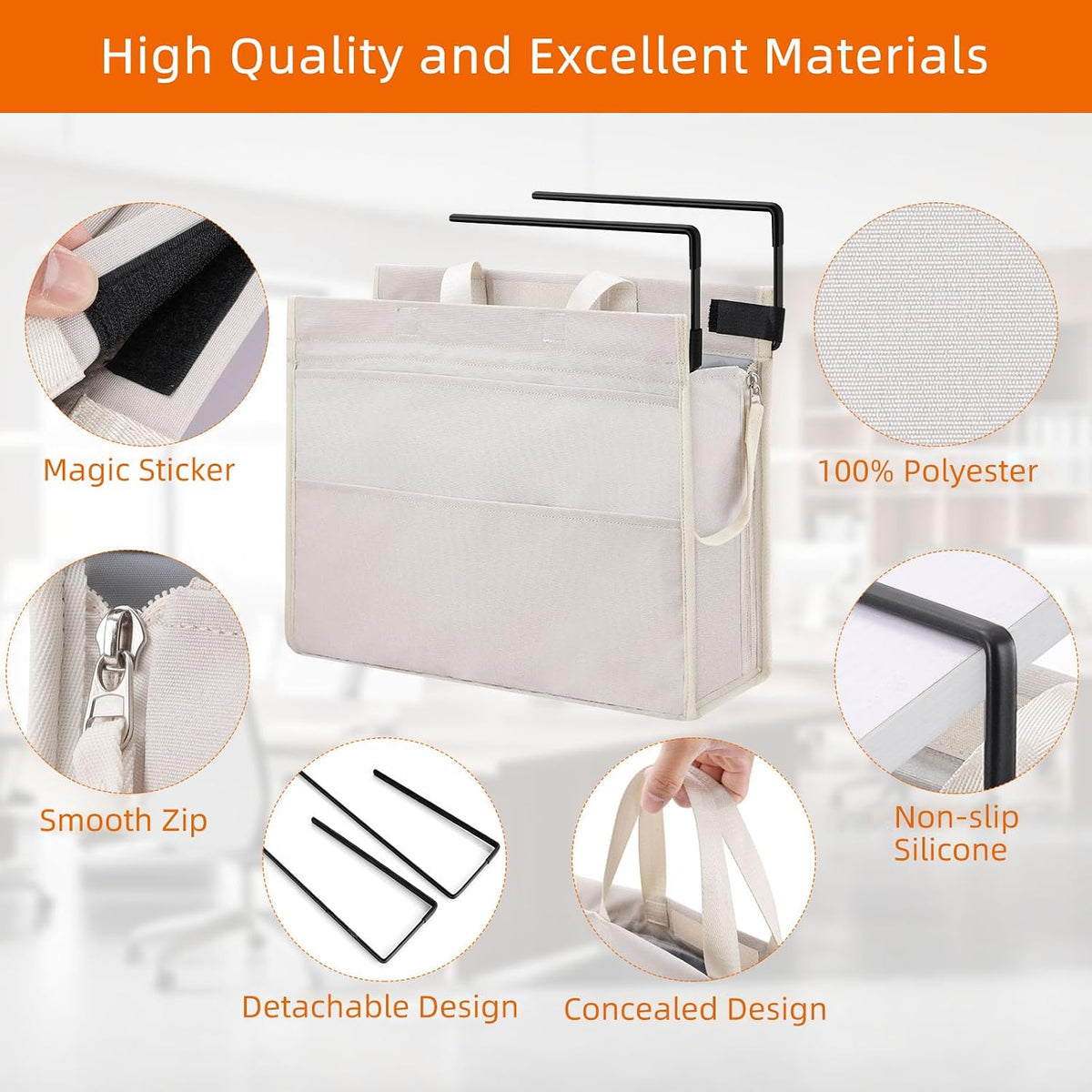 Under Desk Hanging Storage Bag, Desk Organizer Storage, Office Side Storage Bag, Compatible with A4 Files, Detachable Handle Design, No Assembly Required, For Office Home School (Grey)
