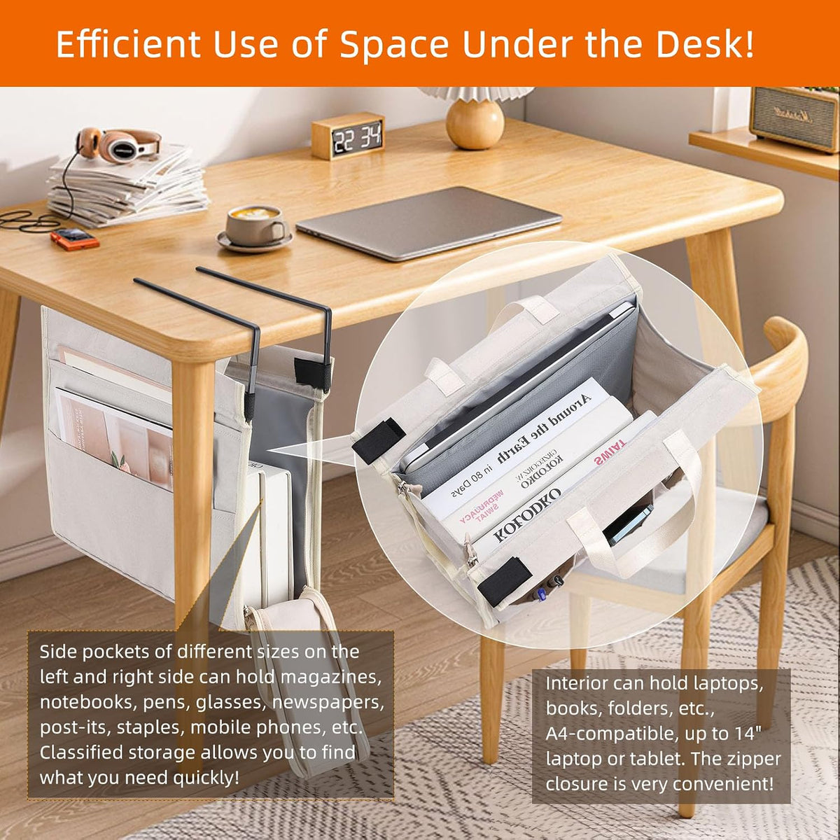 Under Desk Hanging Storage Bag, Desk Organizer Storage, Office Side Storage Bag, Compatible with A4 Files, Detachable Handle Design, No Assembly Required, For Office Home School (Grey)