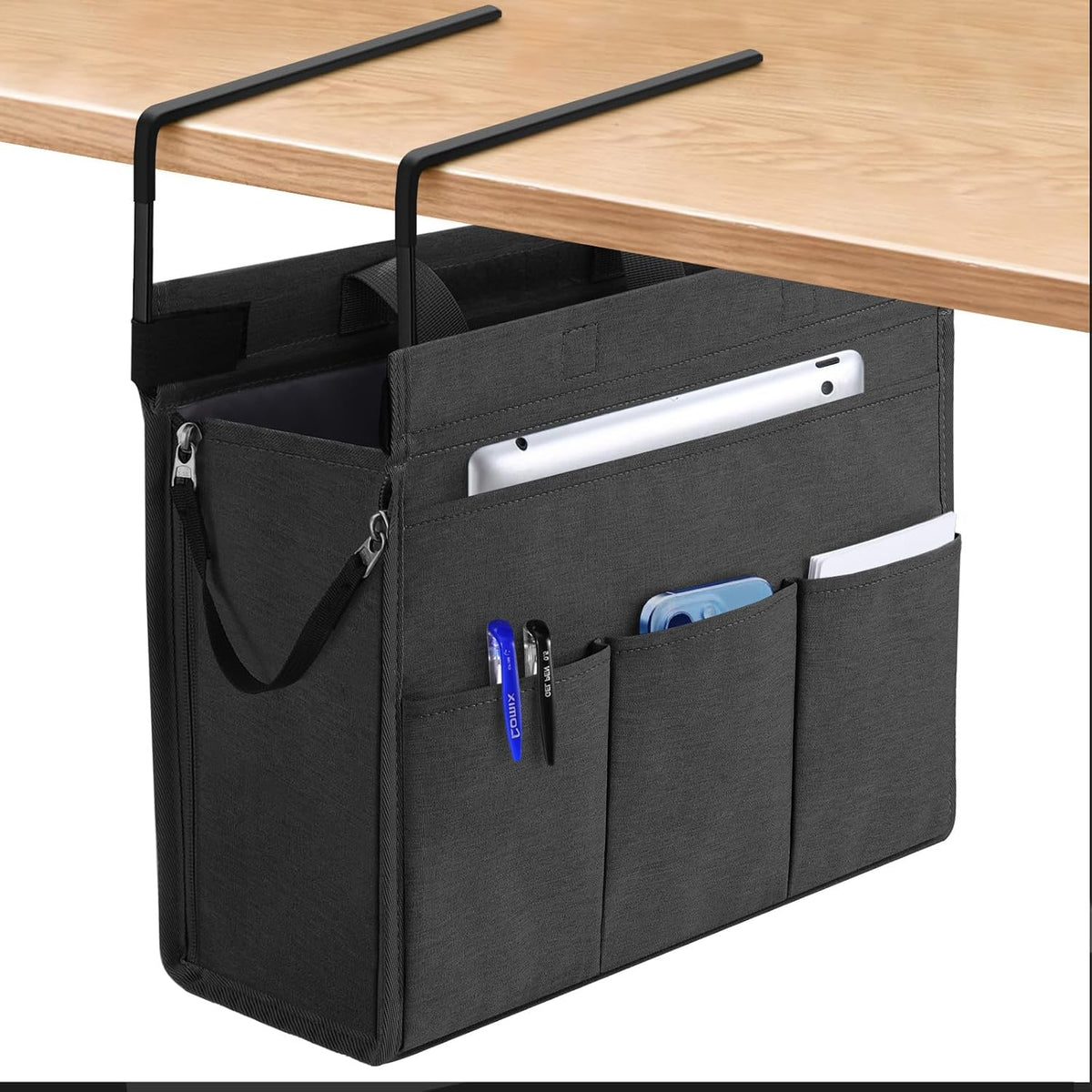 Under Desk Hanging Storage Bag, Desk Organizer Storage, Office Side Storage Bag, Compatible with A4 Files, Detachable Handle Design, No Assembly Required, For Office Home School (Grey)
