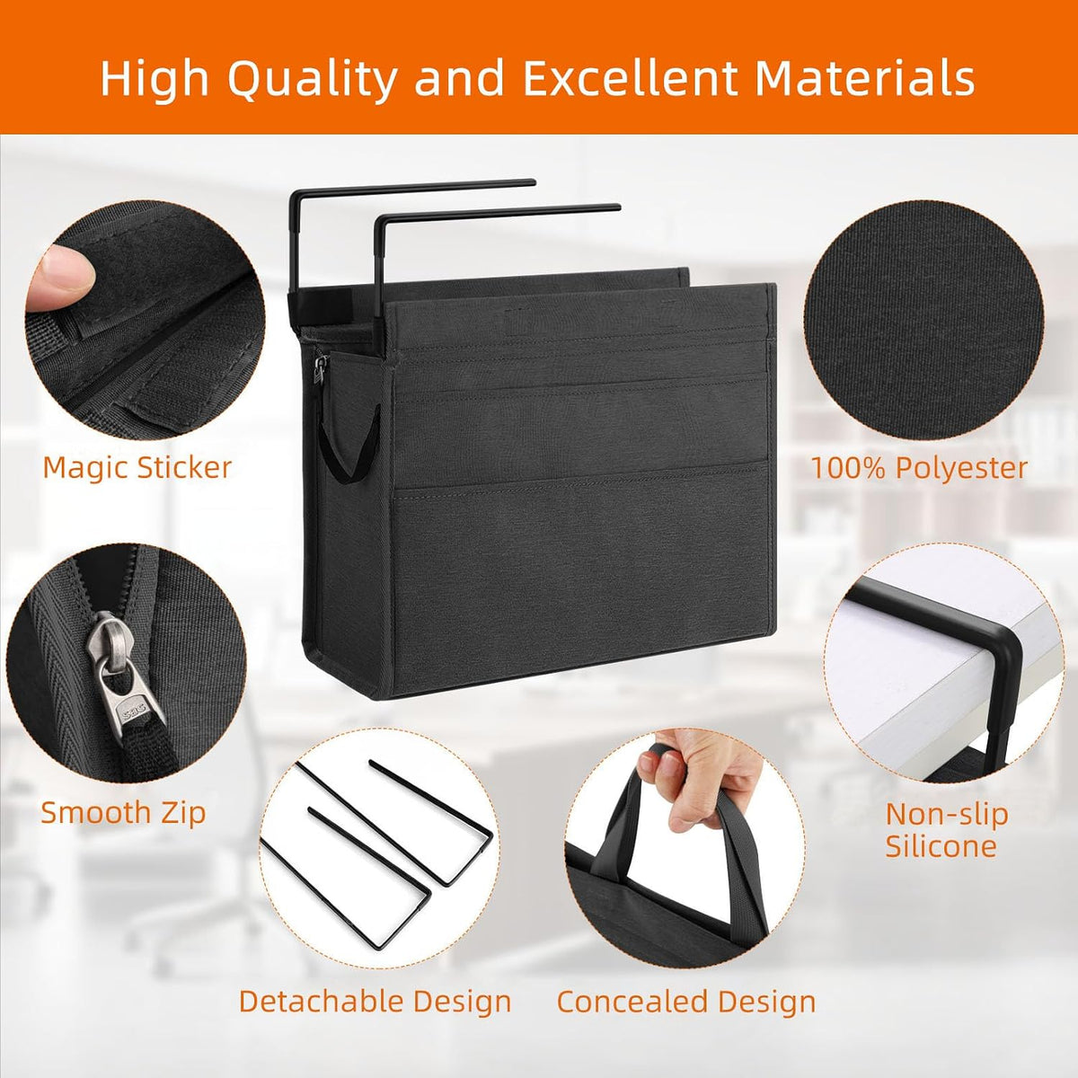Under Desk Hanging Storage Bag, Desk Organizer Storage, Office Side Storage Bag, Compatible with A4 Files, Detachable Handle Design, No Assembly Required, For Office Home School (Grey)