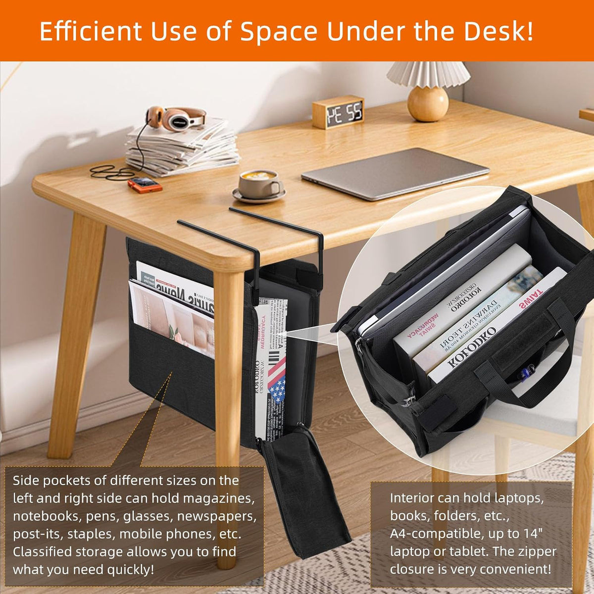 Under Desk Hanging Storage Bag, Desk Organizer Storage, Office Side Storage Bag, Compatible with A4 Files, Detachable Handle Design, No Assembly Required, For Office Home School (Grey)