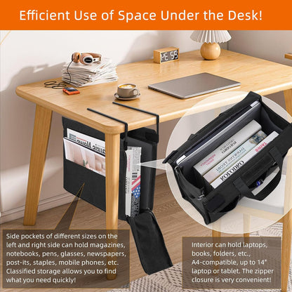 Under Desk Hanging Storage Bag, Desk Organizer Storage, Office Side Storage Bag, Compatible with A4 Files, Detachable Handle Design, No Assembly Required, For Office Home School (Grey)