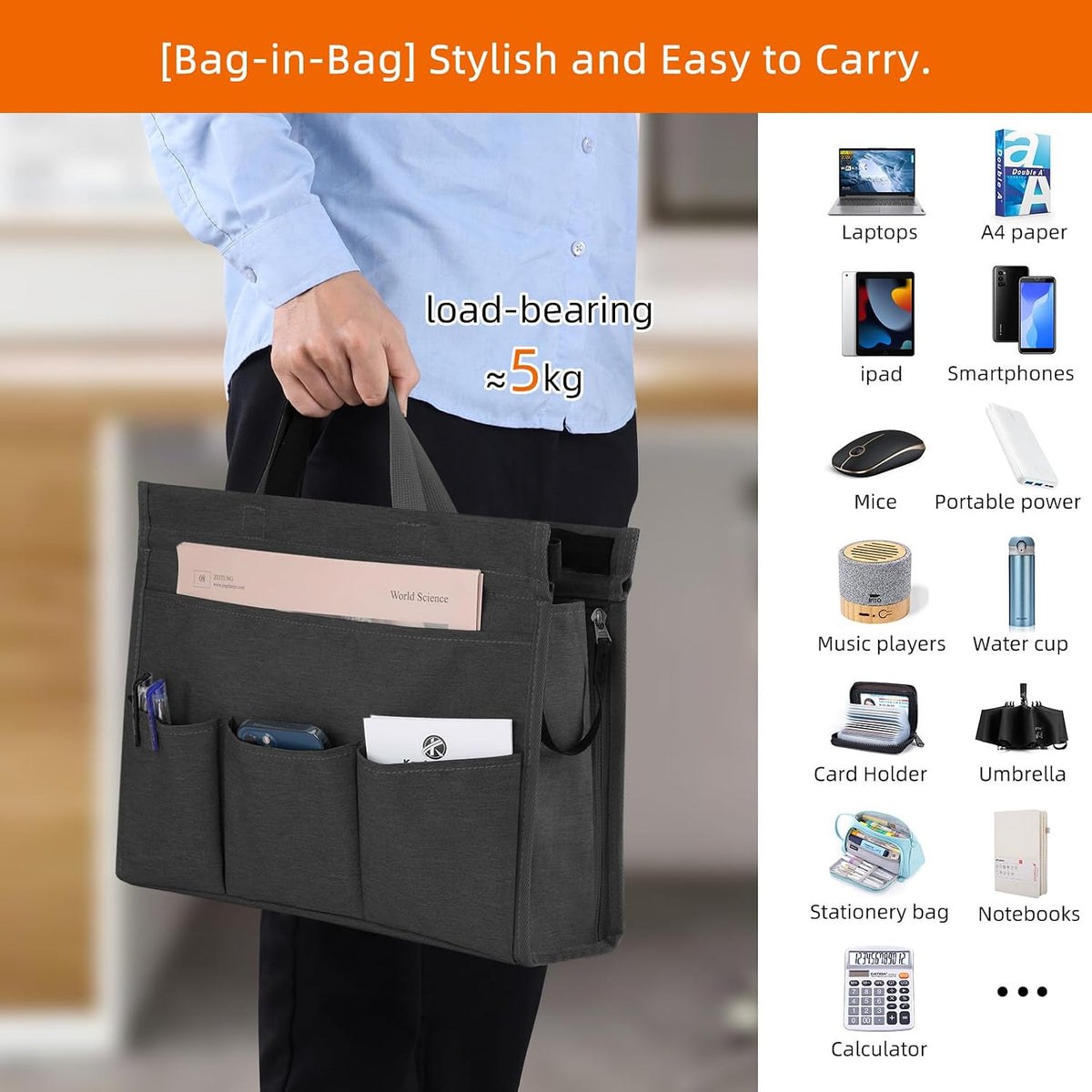 Under Desk Hanging Storage Bag, Desk Organizer Storage, Office Side Storage Bag, Compatible with A4 Files, Detachable Handle Design, No Assembly Required, For Office Home School (Grey)
