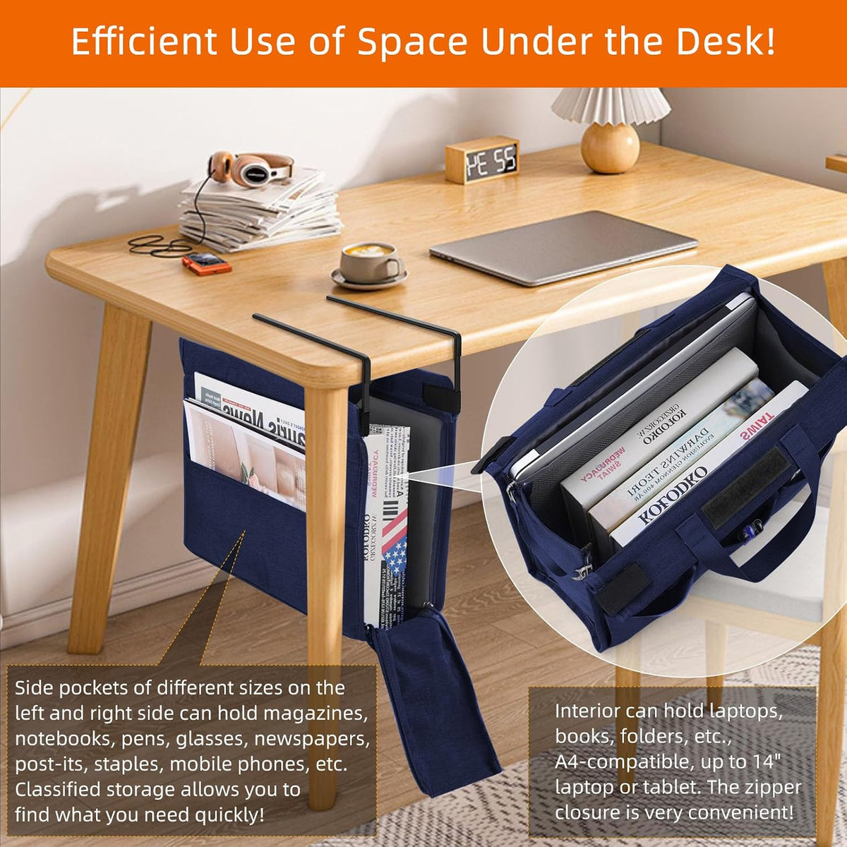 Under Desk Hanging Storage Bag, Desk Organizer Storage, Office Side Storage Bag, Compatible with A4 Files, Detachable Handle Design, No Assembly Required, For Office Home School (Grey)