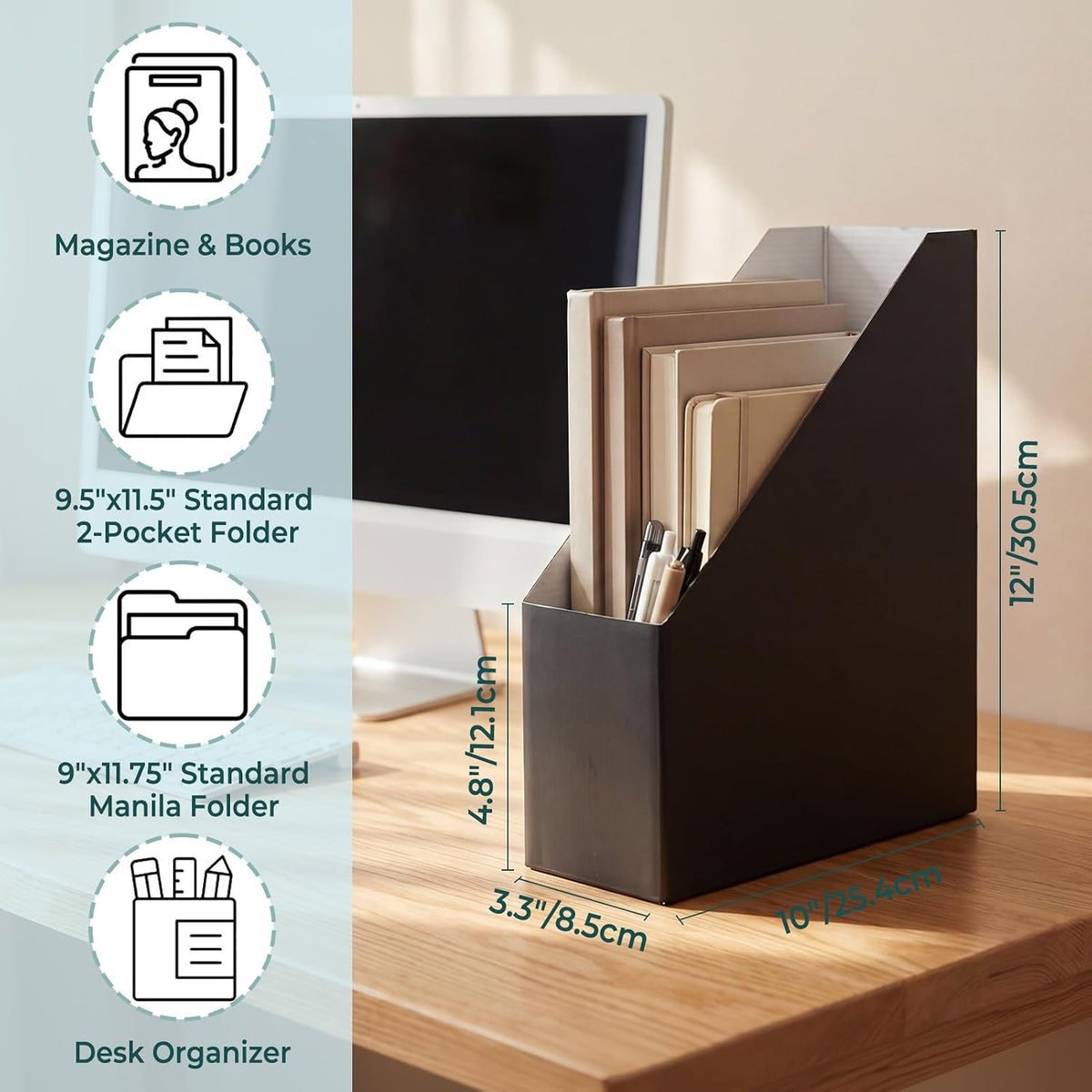 Brown Magazine File Holder, Cardboard Magazine Rack with Label, Foldable Storage Organizer Box for Book, Documents, 10x3.3x12 Inches