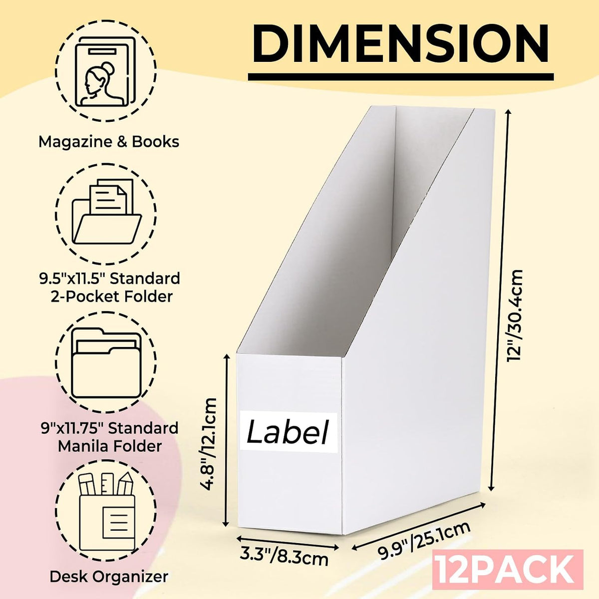 Brown Magazine File Holder, Cardboard Magazine Rack with Label, Foldable Storage Organizer Box for Book, Documents, 10x3.3x12 Inches
